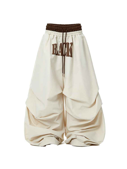 Whysoil-Bold Block Letter Print Ruched Wide Leg Drawstring Cargo Pants