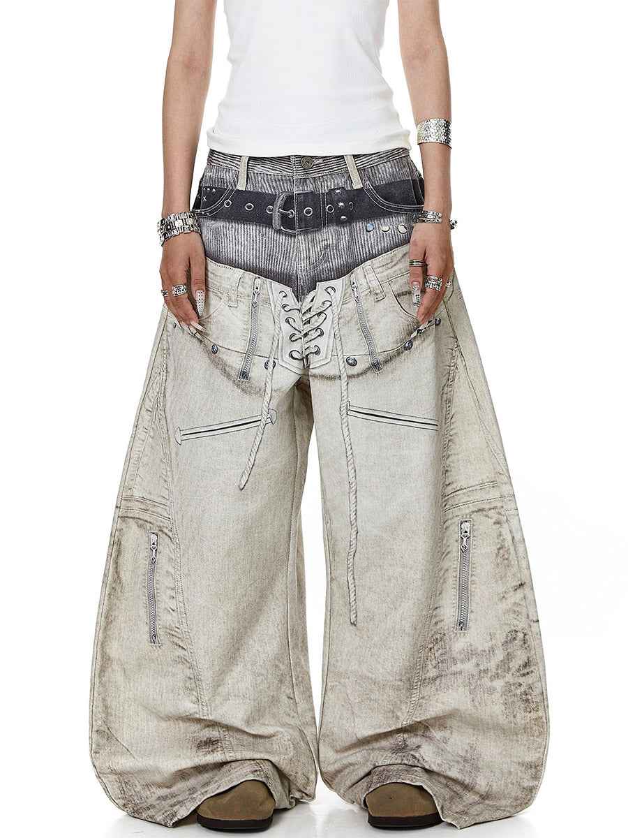 Whysoil-Double Layer Waist Lace-Up Front Stitch Detail Baggy Balloon Denim Pants