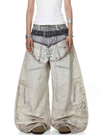 Whysoil-Double Layer Waist Lace-Up Front Stitch Detail Baggy Balloon Denim Pants