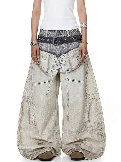Whysoil-Double Layer Waist Lace-Up Front Stitch Detail Baggy Balloon Denim Pants